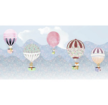 Illustration von Tieren in Heißluftballons vor einer Hügellandschaft