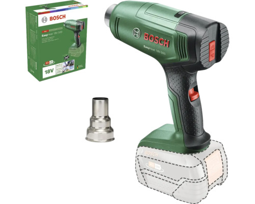 Bosch EasyHeat 18V-500 Akku-Heißluftpistole mit Düse und Produktverpackung