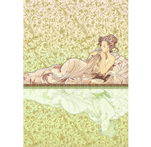 Illustration einer Frau, die in einem Bett liegt, mit dekorativem Hintergrund