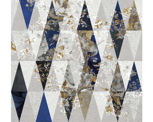 Geometrisches Tapetenmuster mit Blumen- und Vogelmotiven