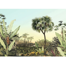 Illustration einer tropischen Landschaft mit Palmen und üppiger Vegetation.