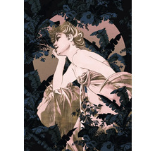 Illustration einer eleganten, nachdenklichen Frau im floralen Rahmen