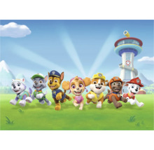 Illustration der Paw Patrol Gruppe mit dem Hauptquartier im Hintergrund