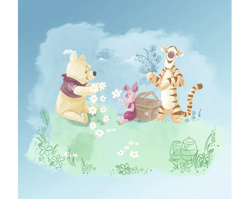 Fototapete Vlies DX6-033 Disney Edition 4 Winnie Pooh Picnic 6-tlg. 300 x 280 cm Illustration mit Winnie Puuh, Ferkel und Tigger beim Blumenpflücken für ein Picknick