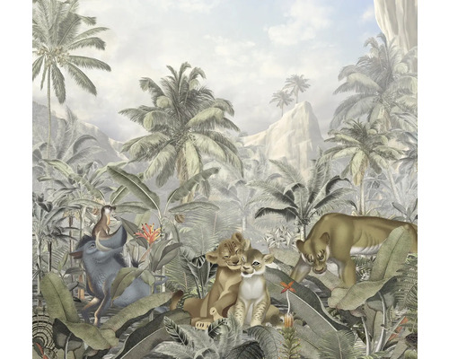 Illustration einer Dschungellandschaft mit Löwen, Warzenschwein, Affen und tropischen Pflanzen