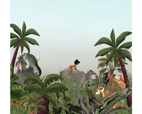 Dschungel-Szene mit Mowgli, Balu, Shir Khan, Schlange und Elefant zwischen tropischen Pflanzen als Wanddekoration