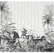 Dekorative Tapete mit Dschungelmotiven, darunter Löwe, Zebra und Palme.