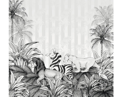 Dekorative Tapete mit Dschungelmotiven, darunter Löwe, Zebra und Palme.
