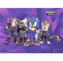 Sonic Prime Zeichentrickfiguren vor violettem Hintergrund
