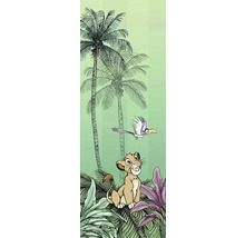 Illustration eines Löwenjungen mit Palmen und einem Vogel