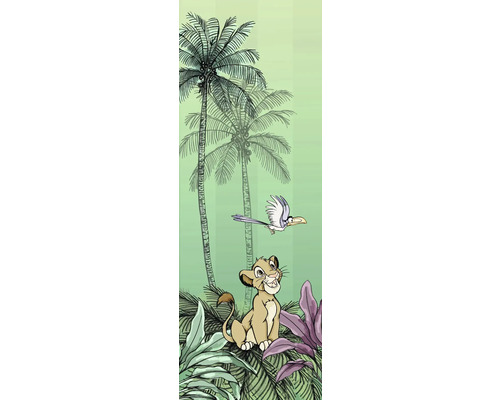 Illustration eines Löwenjungen mit Palmen und einem Vogel