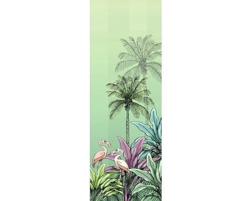 Illustration mit Palmen, tropischen Pflanzen und Flamingos