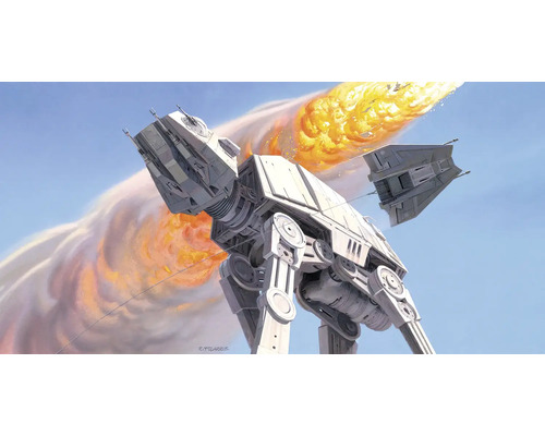 Illustration eines AT-AT-Kampfläufers mit Raumschiff im Hintergrund