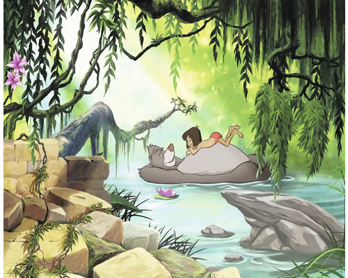 Fototapete Papier 8-4106 Disney Edition 4 Jungle book swimming Baloo 8-tlg. 368 x 254 cm Dschungelszene mit Mogli, der auf Balu dem Bären liegt, umgeben von üppiger Vegetation und Wasser