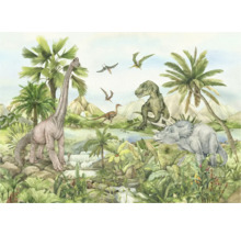 Illustration mit Dinosauriern in einer Dschungellandschaft