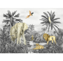 Illustration einer Dschungelszene mit Elefant, Löwen, Erdmännchen, Papagei und Kakadu unter Palmen