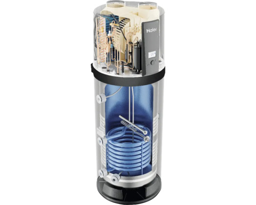 Haier Wärmepumpe mit Innenansicht der technischen Komponenten