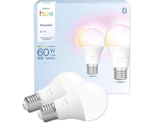 Philips Hue Lampen White & Color RGBW dimmbar Essential 2x E27/8W(60W) 806 lm 2200- 6500 K 2 Stück Philips Hue Essential E27 LED Lampe, 2er Pack