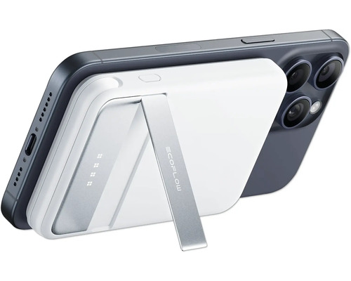 Smartphone mit magnetischer Powerbank und EcoFlow Logo