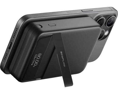 Schwarze magnetische Powerbank am Smartphone mit EcoFlow Logo
