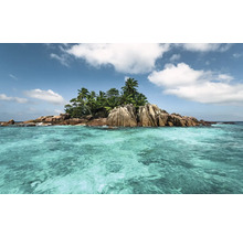Tropische Insel mit Felsen und Palmen im türkisfarbenen Meer