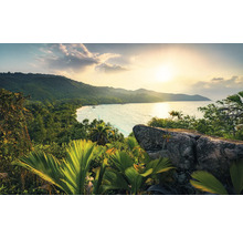 Tropische Landschaft mit Meerblick, üppiger Vegetation und Felsen