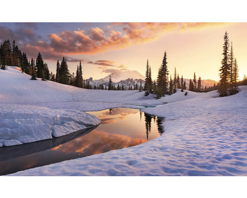 Winterlandschaft mit See, Schnee und Nadelbäumen im Gebirge bei Sonnenuntergang.