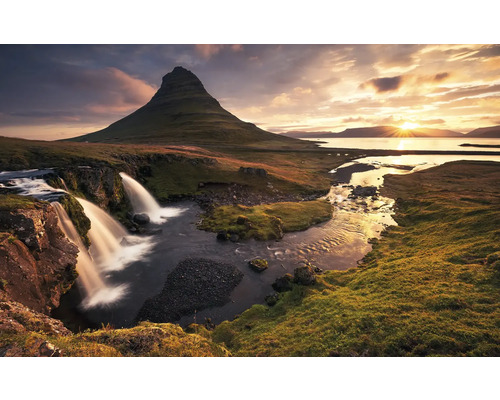 Fototapete Vlies SHX8-042 Wanderlust Guten Morgen Island 8-tlg. 400 x 250 cm Landschaft mit Berg, Wasserfällen und Sonnenaufgang