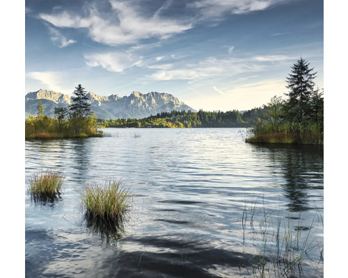 Seenlandschaft mit Bergen und Bäumen im Hintergrund
