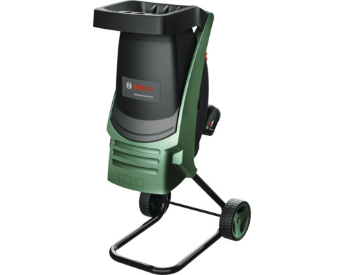 Gartenhäcksler mit Einfülltrichter, Rädern und Bosch Logo