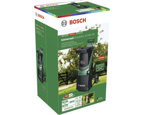 Verpackung des Bosch Universal Shredder 2x18V-25 Akku-Messerhäckslers