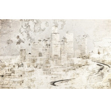 Abstraktes Stadtbild mit Hochhäusern und Straße auf unebenem Untergrund