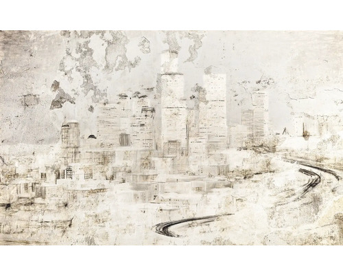 Abstraktes Stadtbild mit Hochhäusern und Straße auf unebenem Untergrund