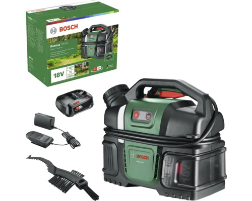 Akku-Hochdruckreiniger BOSCH 18V-6 20 bar, inkl. (1 x 18V) 2 Ah Akku und Ladegerät Bosch Fontus 18V-6 Akku-Reiniger mit Zubehör und Produktverpackung