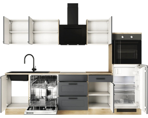 Küchenzeile mit Spüle, Geschirrspüler, Herd, Dunstabzugshaube und Kühlschrank