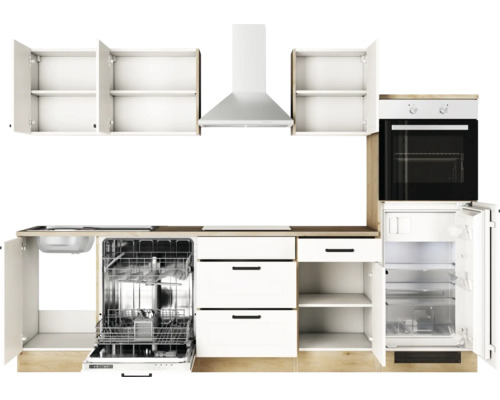 Küchenzeile mit Spüle, Geschirrspüler, Herd, Dunstabzugshaube, Backofen und Kühlschrank