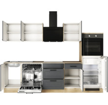 Einbauküche mit Spüle, Geschirrspüler, Schubladen, Kochfeld, Dunstabzugshaube, Backofen und Kühlschrank.