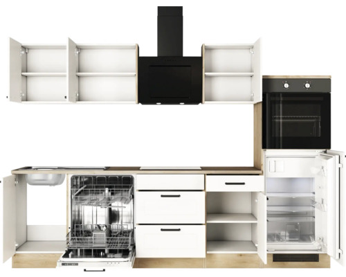 Komplette Küchenzeile mit Spüle, Geschirrspüler, Schubladen, Dunstabzugshaube, Backofen und Kühlschrank.