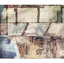 Abstraktes Wandbild mit Ziegelmotiven und Stadtplänen