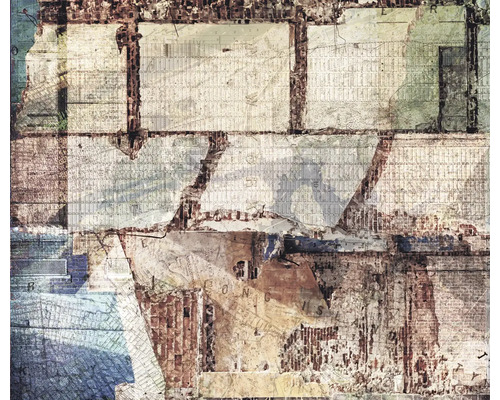 Abstraktes Wandbild mit Ziegelmotiven und Stadtplänen