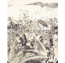 Illustration einer tropischen Szene mit Flamingo, Palmen und Lilien