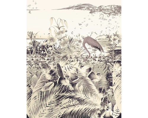 Illustration einer tropischen Szene mit Flamingo, Palmen und Lilien