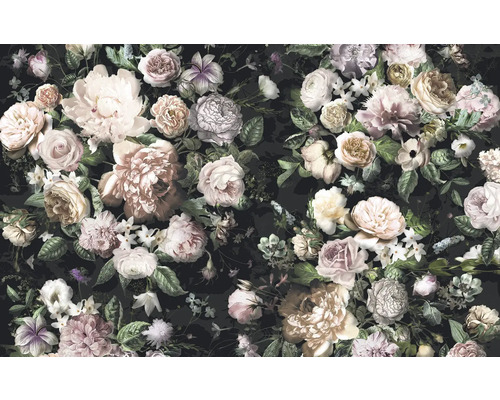 Blumentapete mit Rosen und Pfingstrosen auf dunklem Hintergrund