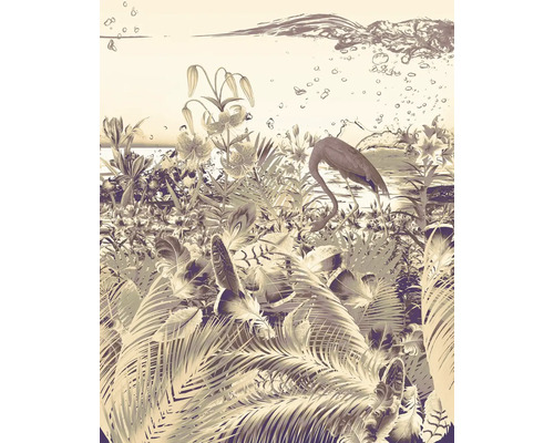 Illustration mit einem Flamingo in einer tropischen Szene mit Blumen und Blättern