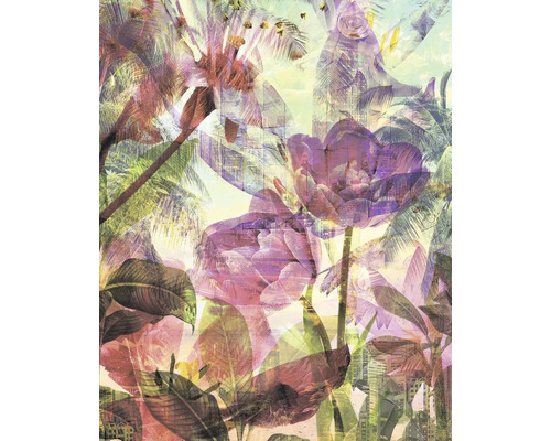 Abstraktes Muster mit Blumen, Palmen und Stadtbild