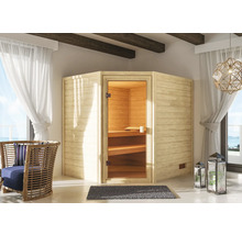 Helle Sauna aus Holz mit Glastür in einem Badezimmer