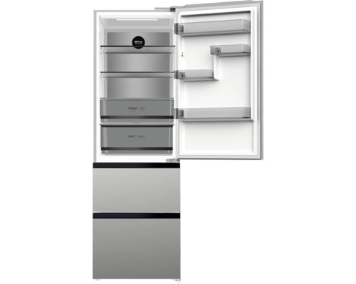 French Door Kühlschrank Wolkenstein BxHxT 60 x 190,8 x 63,8 cm grau Geöffneter Kühlschrank mit Gefrierfach, ausgestattet mit Fächern, Schubladen und No Frost Funktion.