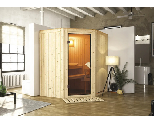 Plug & Play Sauna Karibu Monja inkl. 3,6 kW Bio Ofen u.ext.Steuerung ohne Dachkranz mit bronzierter Ganzglastüre Holzsauna mit Glastür in einem Badezimmer
