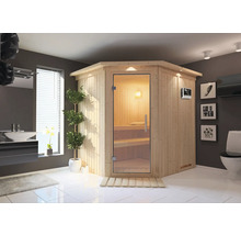 Ecksauna aus Holz mit Glastür in einem Badezimmer