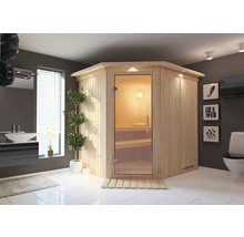 Badezimmer mit Ecksauna aus Holz und Glastür